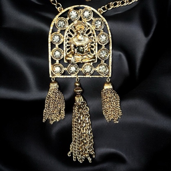 Vintage Buddha Gold Tone Rhinestone Pendant Necklace with Tassels - Picture 1 of 6
